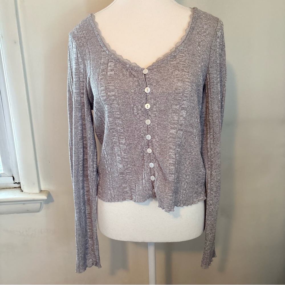 Light Gray Long Sleeve Button-Front Ribbed Tee